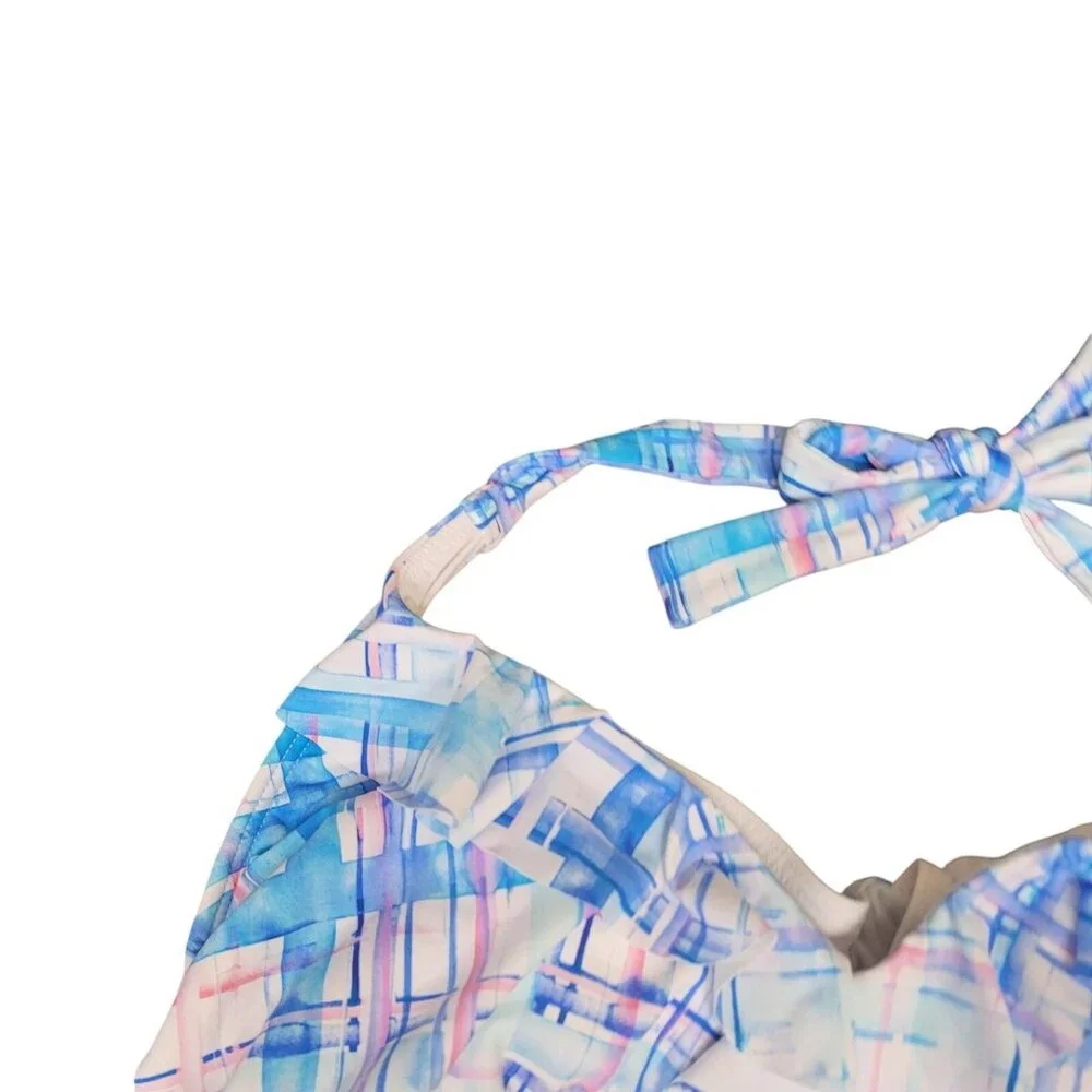 Birdsong Size 32DD Ruffle‎ Halter Underwire Tankini Swim Top Coastal Plaid
